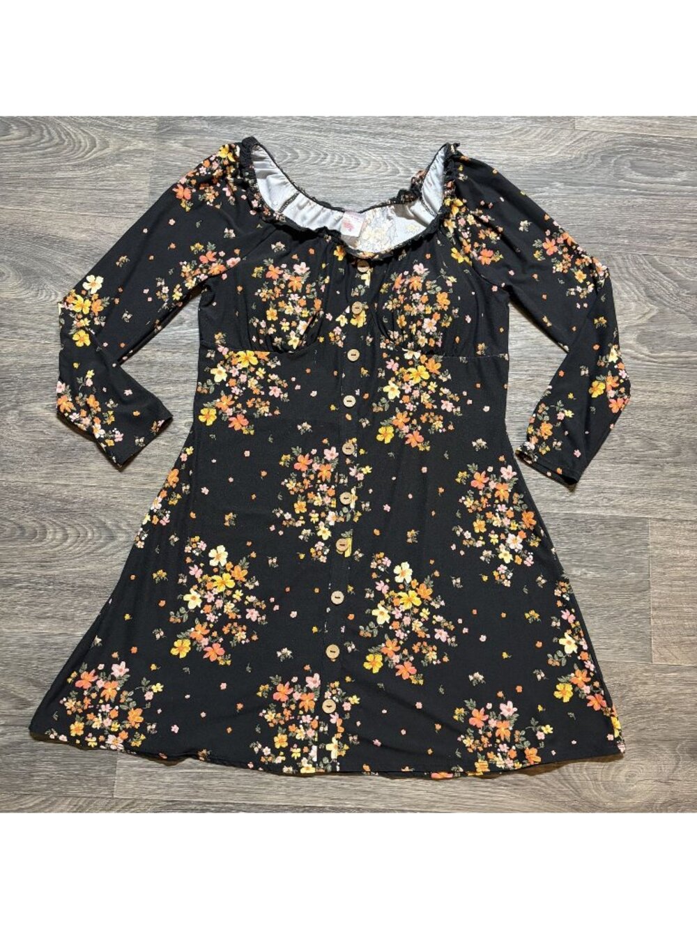 No Boundaries XXL Black Floral Long Sleeve Button Front Dress Boho Whimsygoth